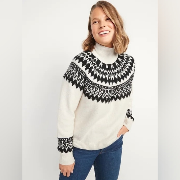 NWT Fair Isles Women White & Black Turtleneck Sweater Sz Large - Picture 1 of 4